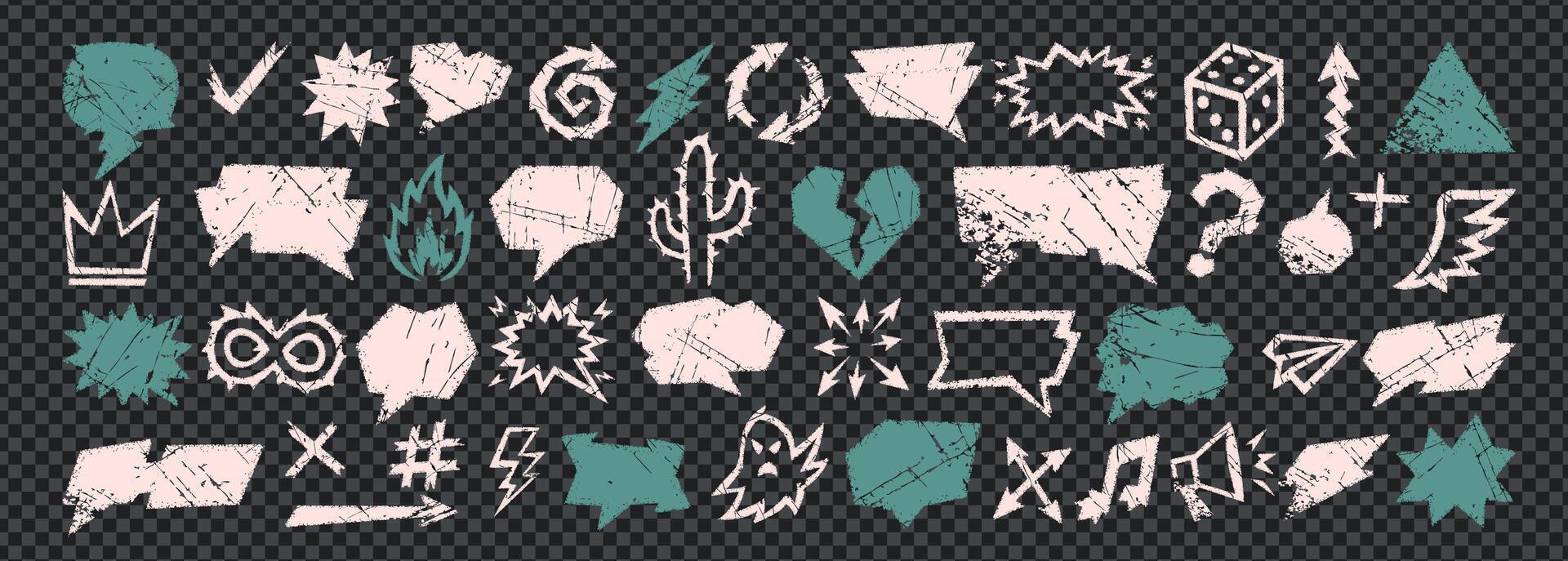 Crayon talk speech bubble with a crayon text box and doodle chalk balloon in rough pastel look. Crayon talk scratched elements include arrows, clouds, hearts and comic sketch frames. vector