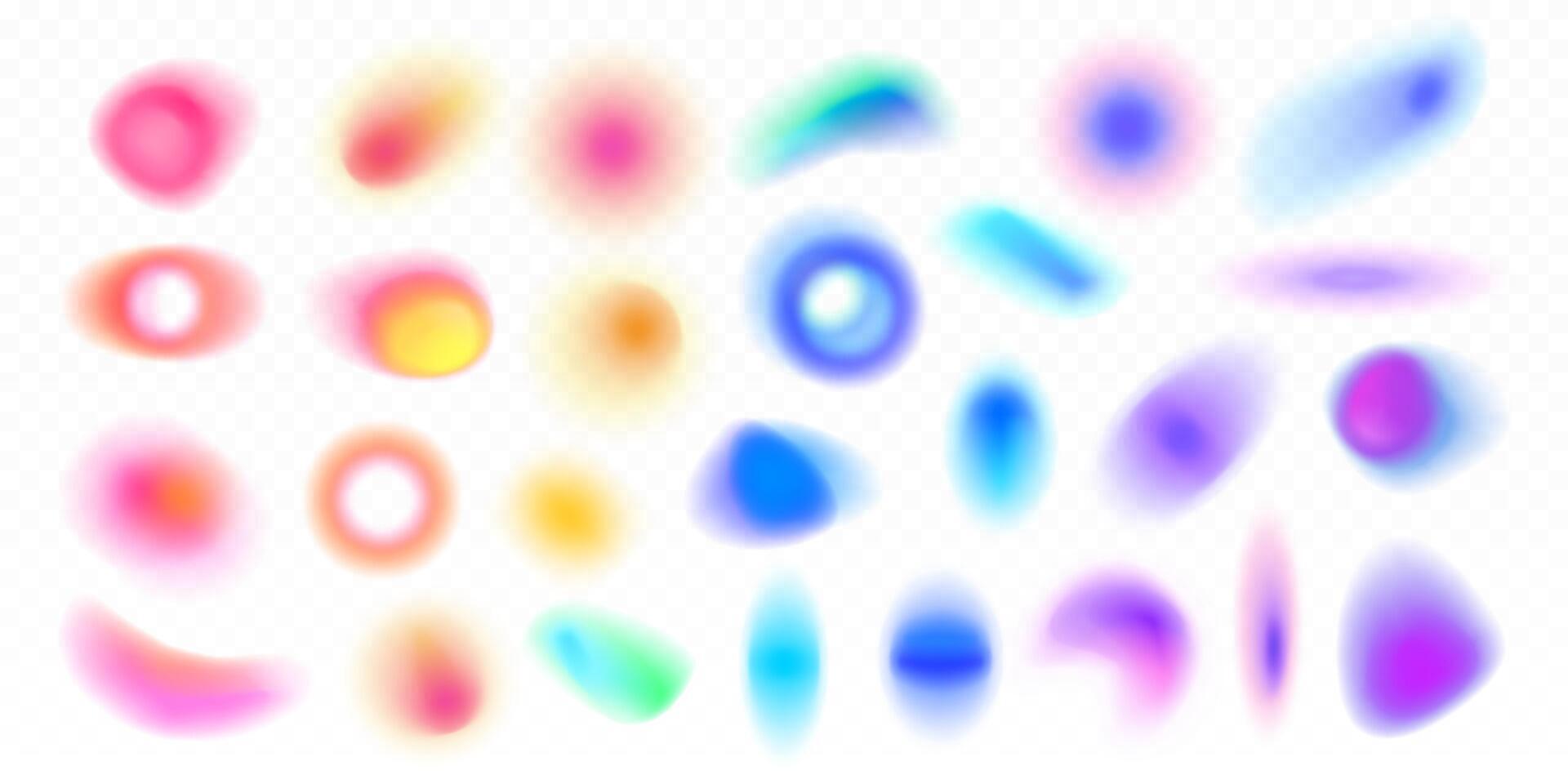 Set of soft blurred gradient shapes, circles, blobs, color gradations. Abstract isolated colorful shape blurs, various geometric forms, aesthetic aura elements, glowing effect. Gradient mesh. vector