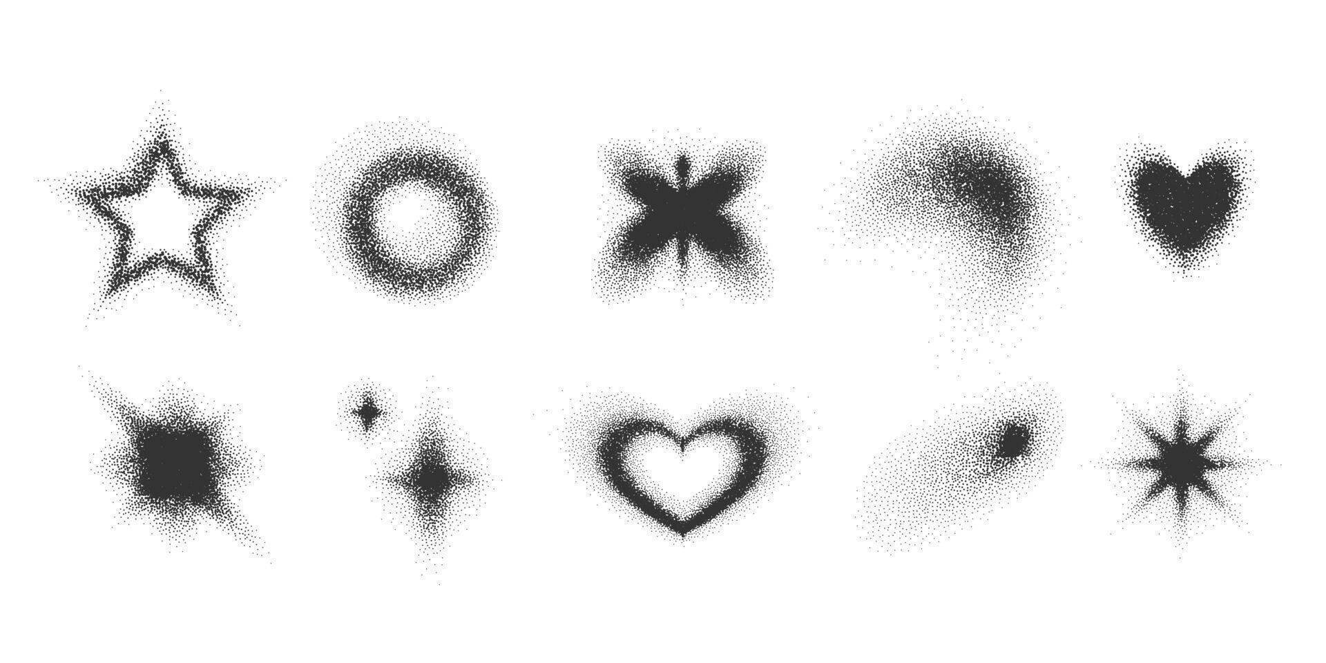 Set of grainy textured shapes. Dotted halftone gradient, stippling effect. Creative noisy figures, hearts, butterfly, stars, circle, abstract forms. Decoration elements, retro y2k aesthetic. vector