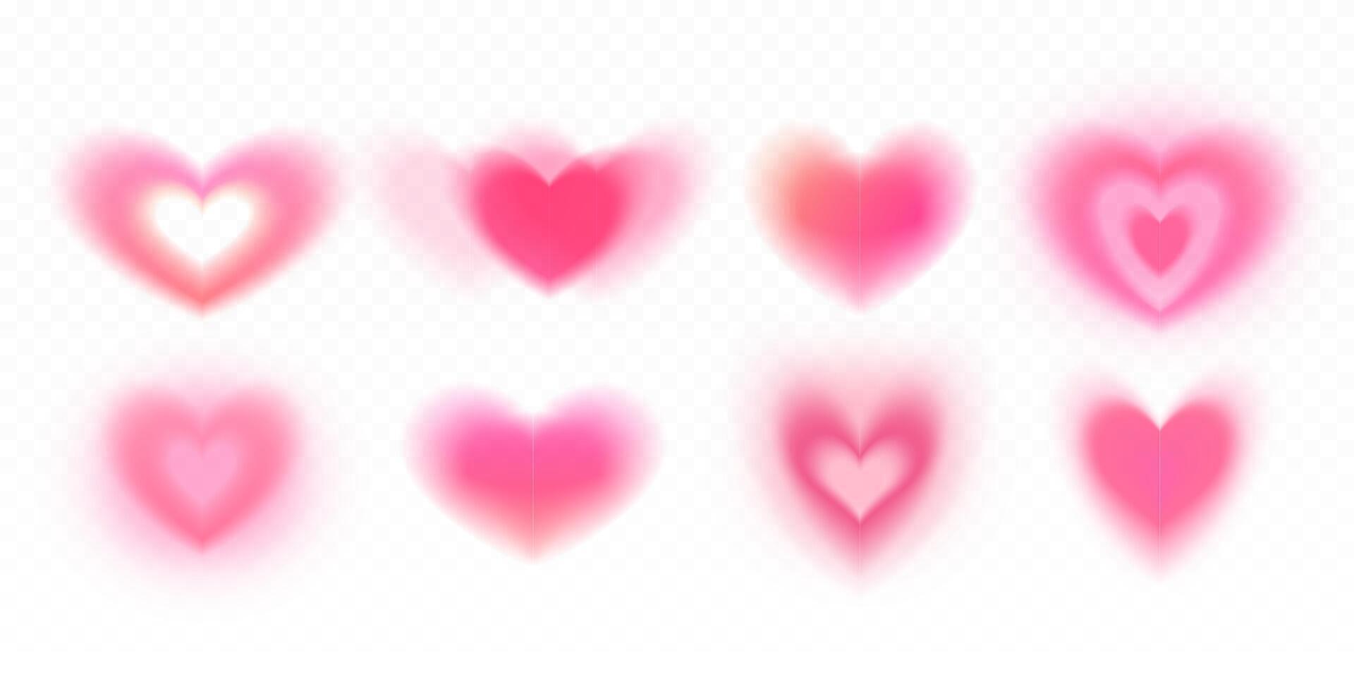 Set of soft blurred gradient heart shapes. Abstract isolated blurs, colorful various forms, aesthetic aura elements, glowing effect. Romantic decorations for wedding, Valentine's Day. Gradient mesh. vector