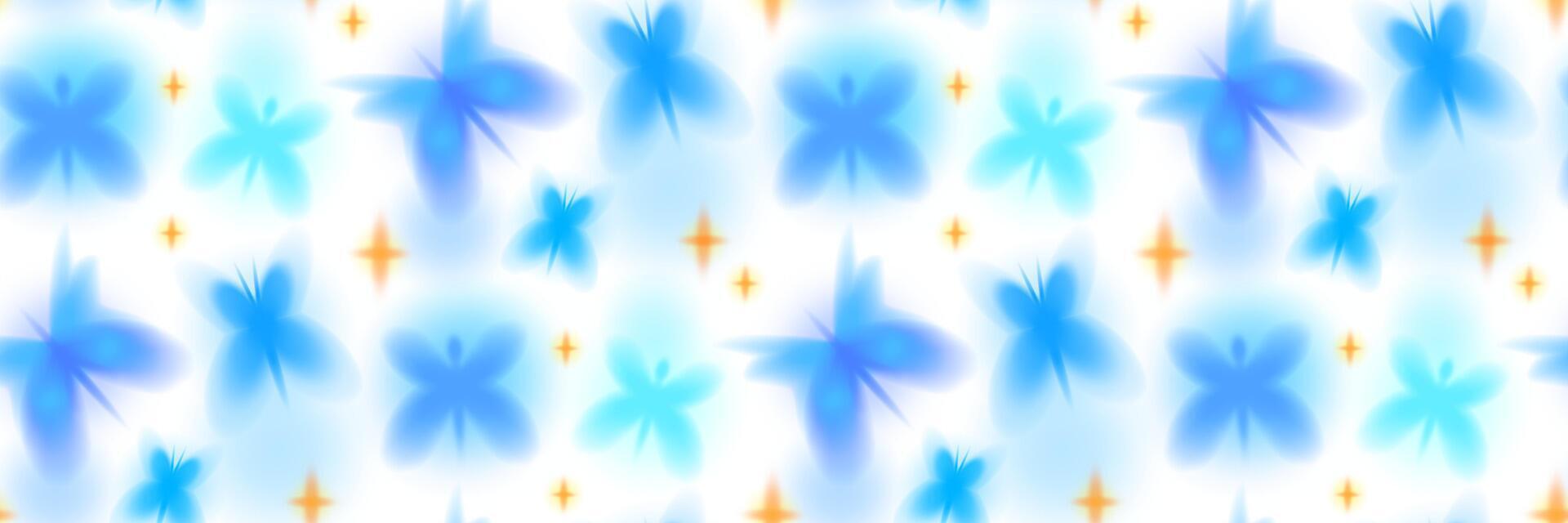 Seamless dreamy pattern with glowing blue butterflies and golden sparkles on a soft white background. Blurry gradient shapes, aesthetic backdrop design for wallpaper, print, fabric. vector