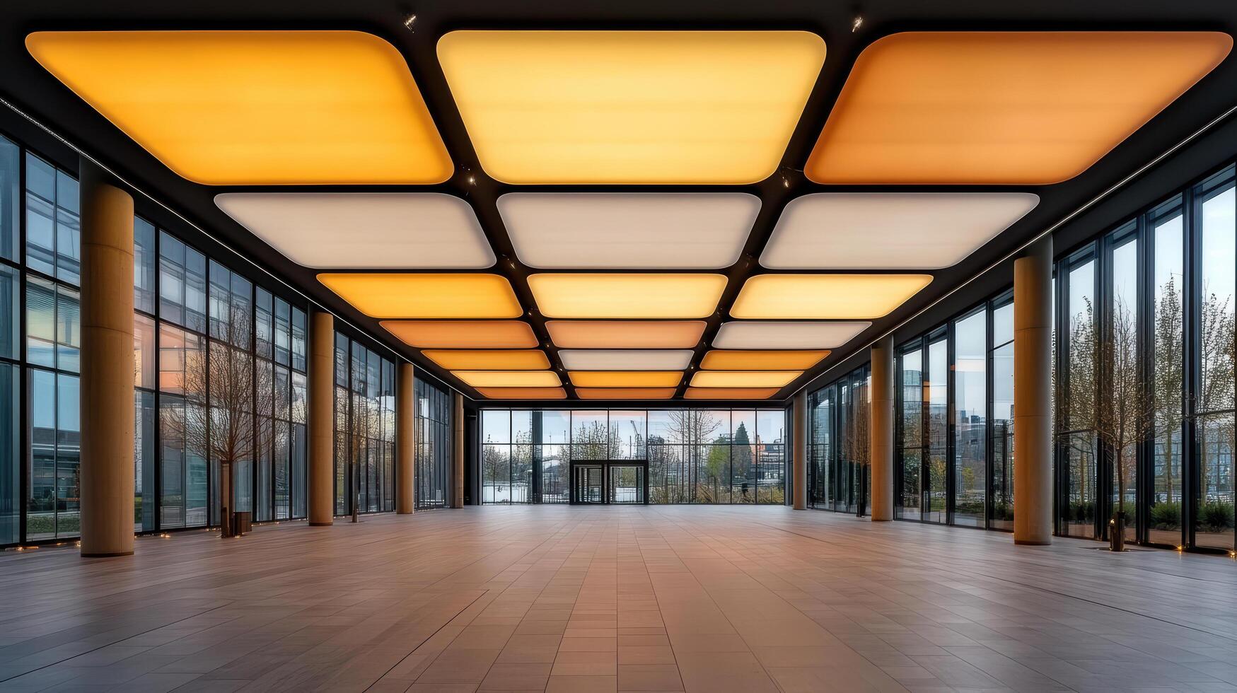 Bright ceiling panels create dynamic light pattern in spacious modern interior photo