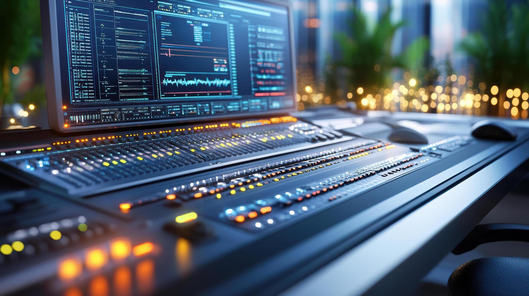 High tech control console with glowing buttons and screens, showcasing vibrant data analysis photo