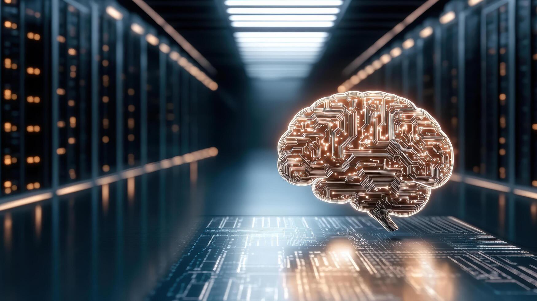 Digital brain with circuit patterns symbolizes artificial intelligence in server lab photo