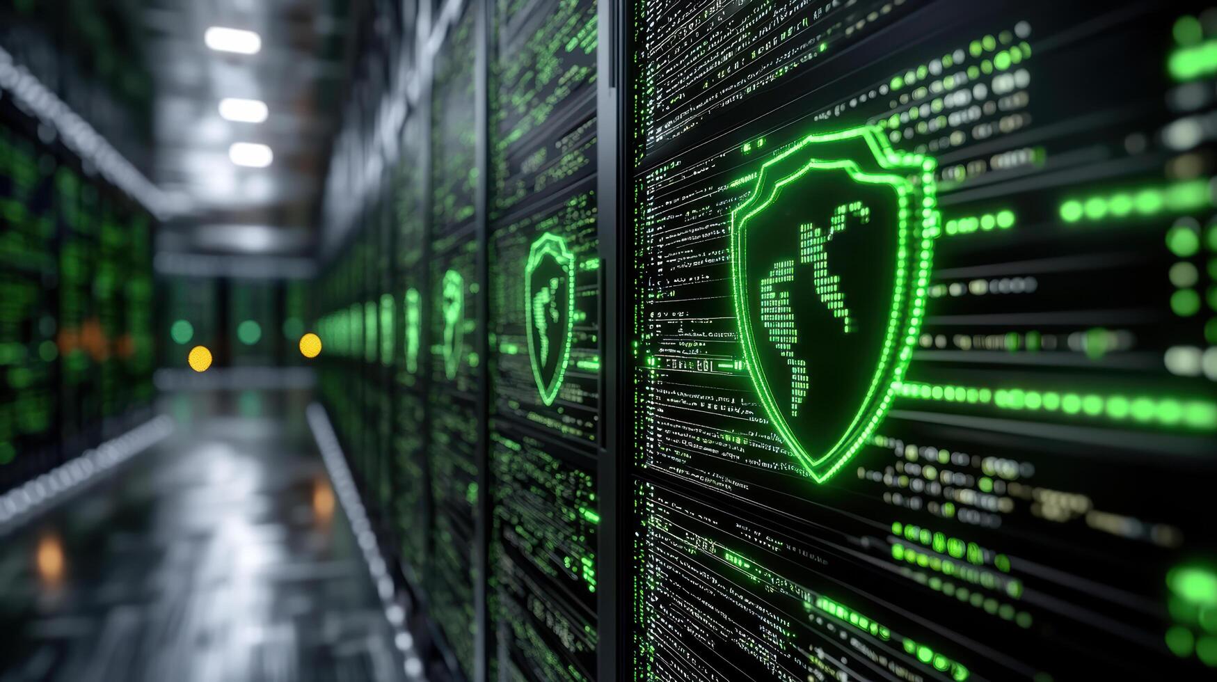 Digital security system with glowing shield icons and data streams photo