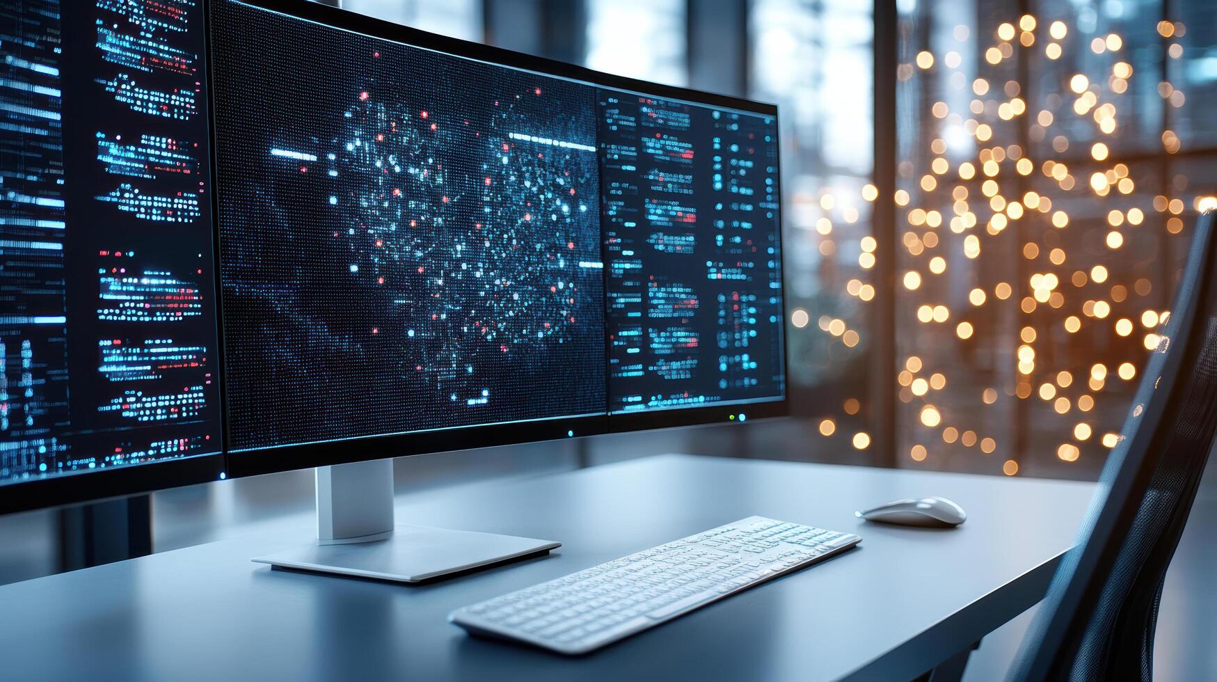 High tech computer setup with glowing data visualizations and blurred lights photo