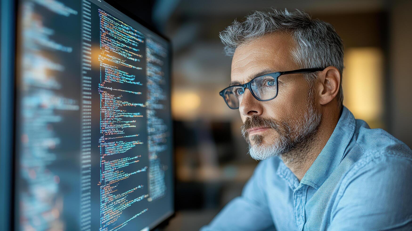 Focused programmer analyzing code on computer screen, showcasing technology and concentration photo