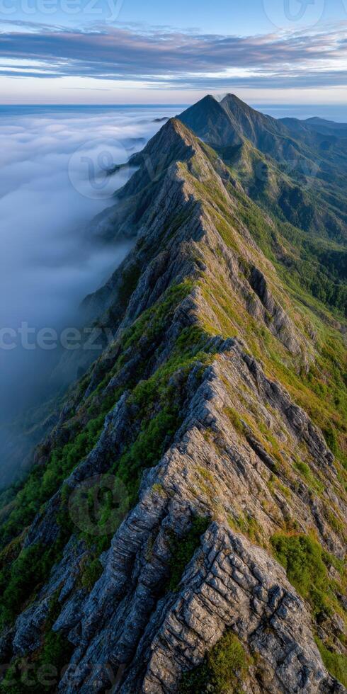 The view from the top of a mountain with low clouds photo