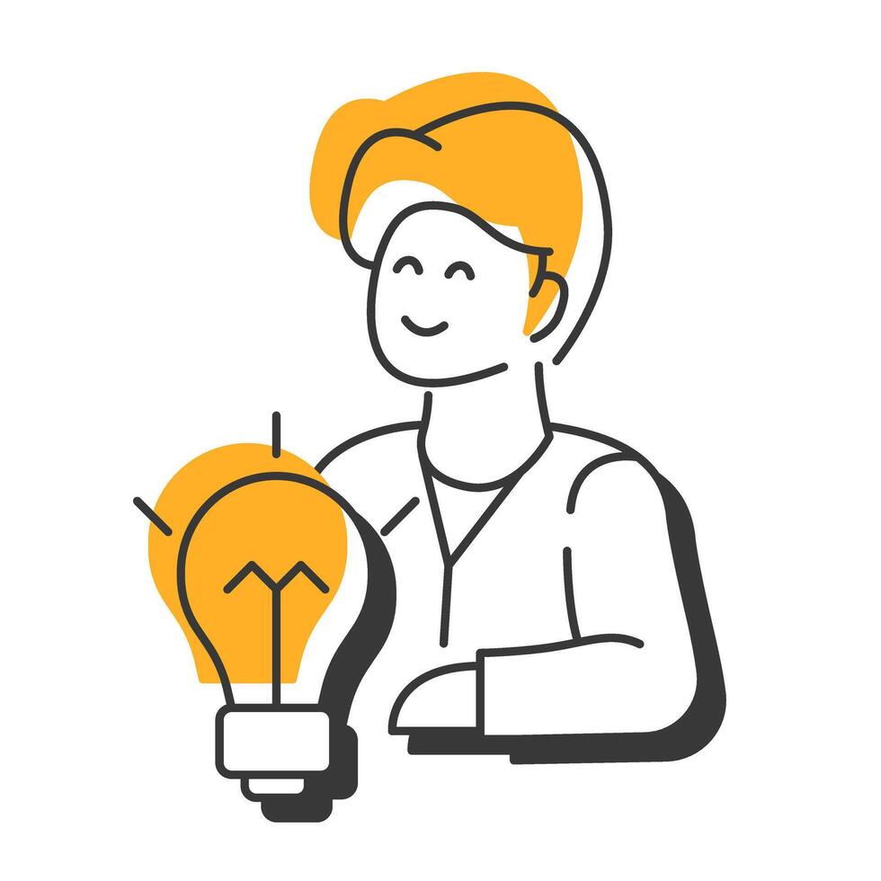 Creative person offset shadow line icon. Lightbulb idea, inspiration. Problem solving, employee. Bold outline symbol with solid orange fill. Modern flat illustration. Editable stroke vector