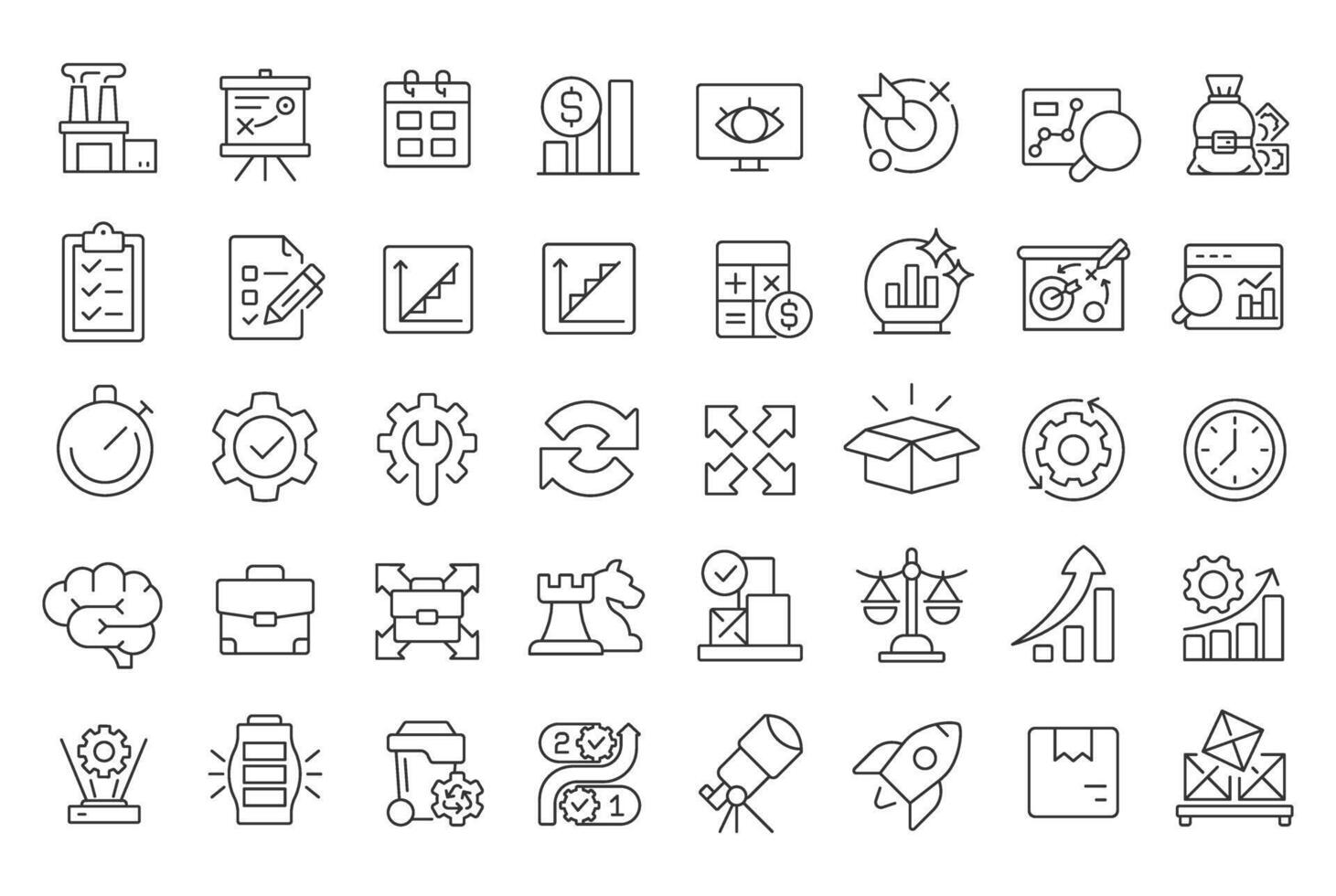 Capacity management line icons set. Organization resources control. Efficiency strategy. Business planning. Isolated outline illustrations. Thin lineart iconset symbols. Editable stroke vector