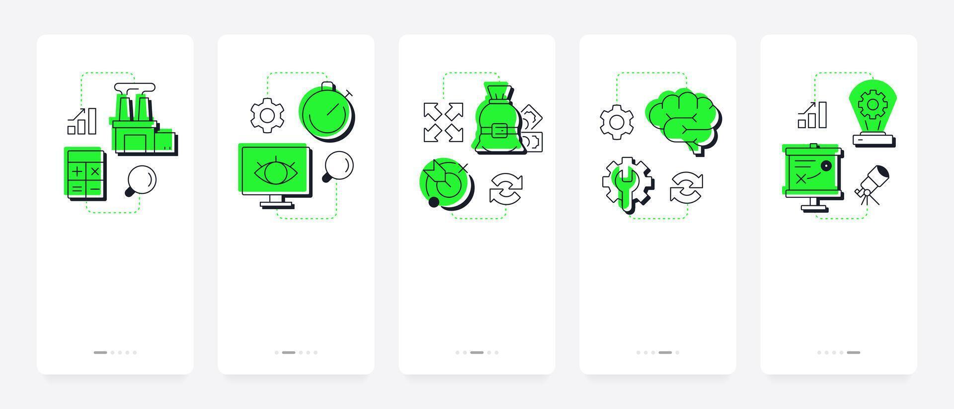 Steps in capacity management processes mobile app onboarding screens. Organization development planning. Flat UI UX design, green highlight with outline icons conceptual vector
