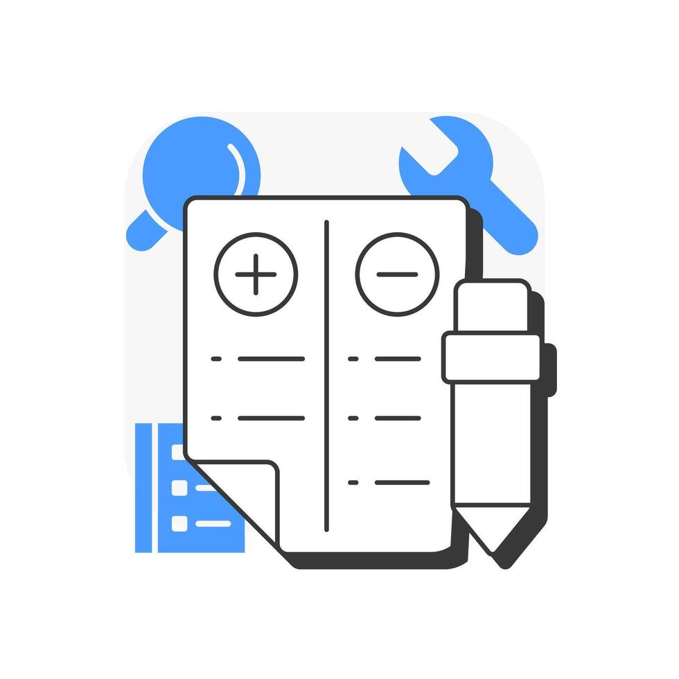 Test case development flat outline concept icon. Balance sheet, efficiency. Coding, programming. Quality assurance. Modern line illustration with blue glyphs. Conceptual visual. Easy to edit vector