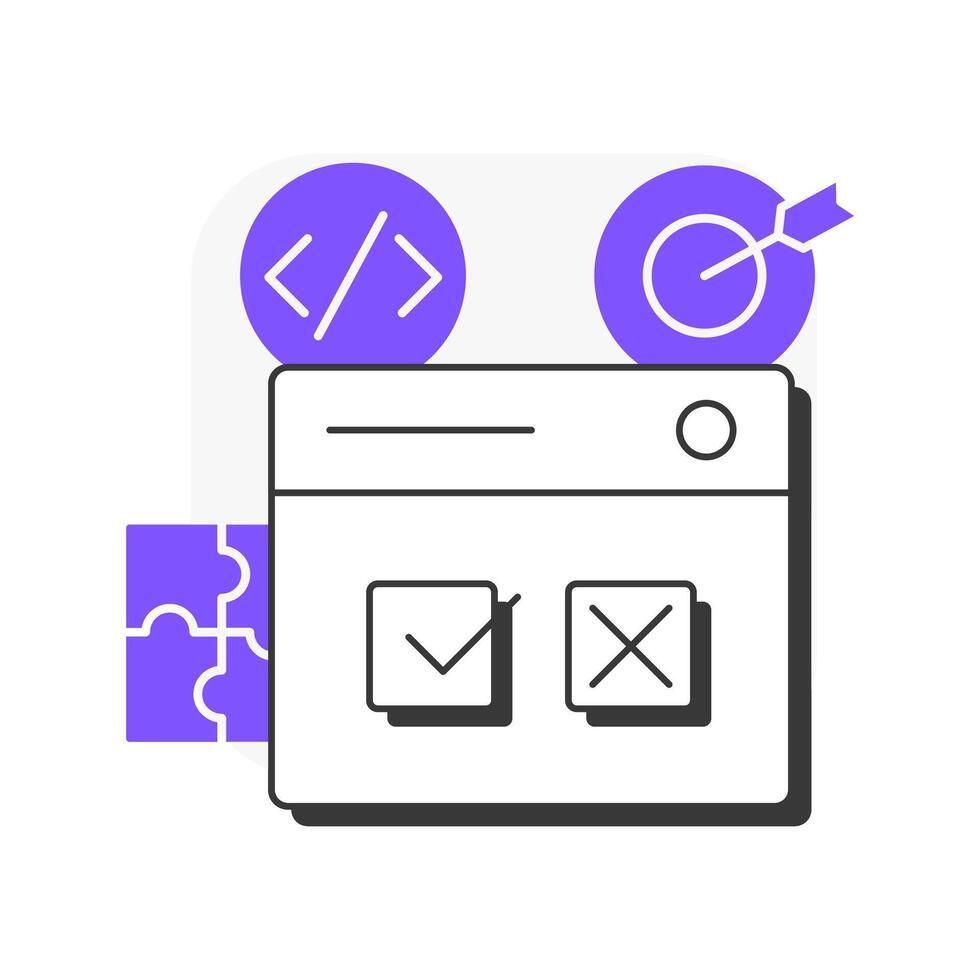 Testing is context-dependent flat outline concept icon. System analysis, user survey. Coding, programming. Modern line illustration with purple glyphs. Conceptual visual. Easy to edit vector