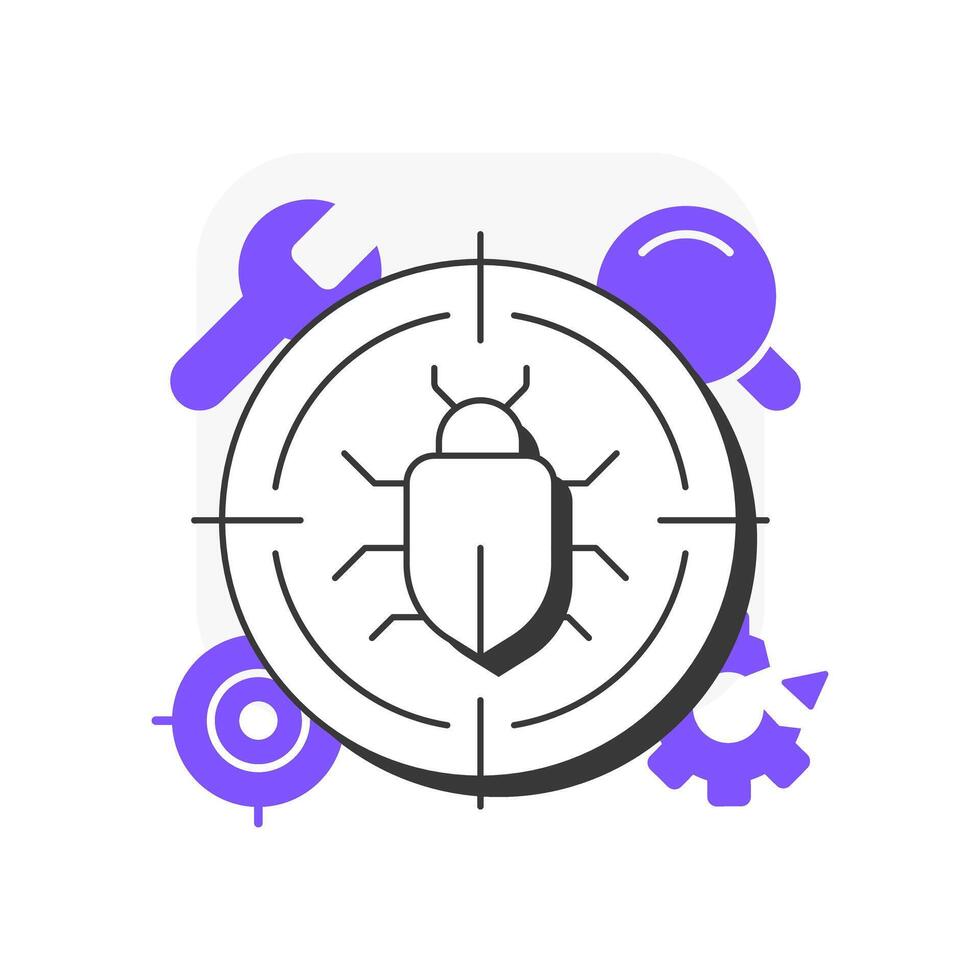 Detecting bugs flat outline concept icon. Software engineering, developer. System maintenance, qa testing. Modern line illustration with purple glyphs. Conceptual visual. Easy to edit vector