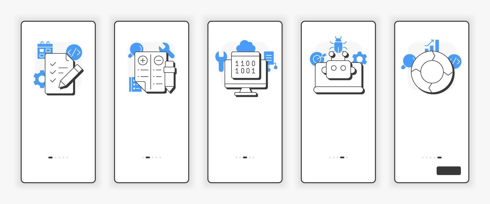 Software testing life cycle mobile onboarding screen. Development technology. UX UI illustration. Flat outline style icons with blue accent vector