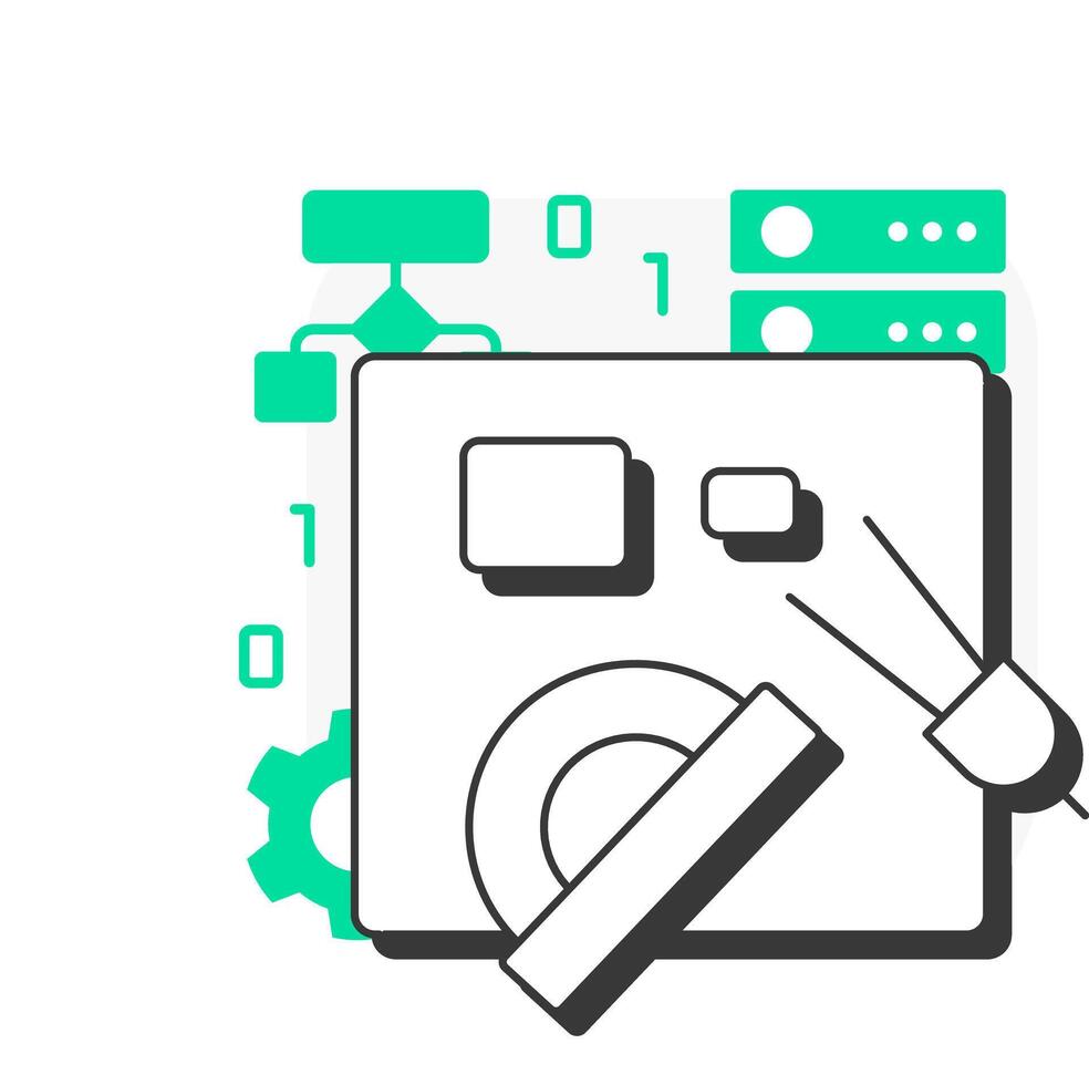 Design flat outline concept icon. Data management, organization. Database, servers. Workflow structure, work. Modern line illustration with green glyphs. Conceptual visual. Easy to edit vector
