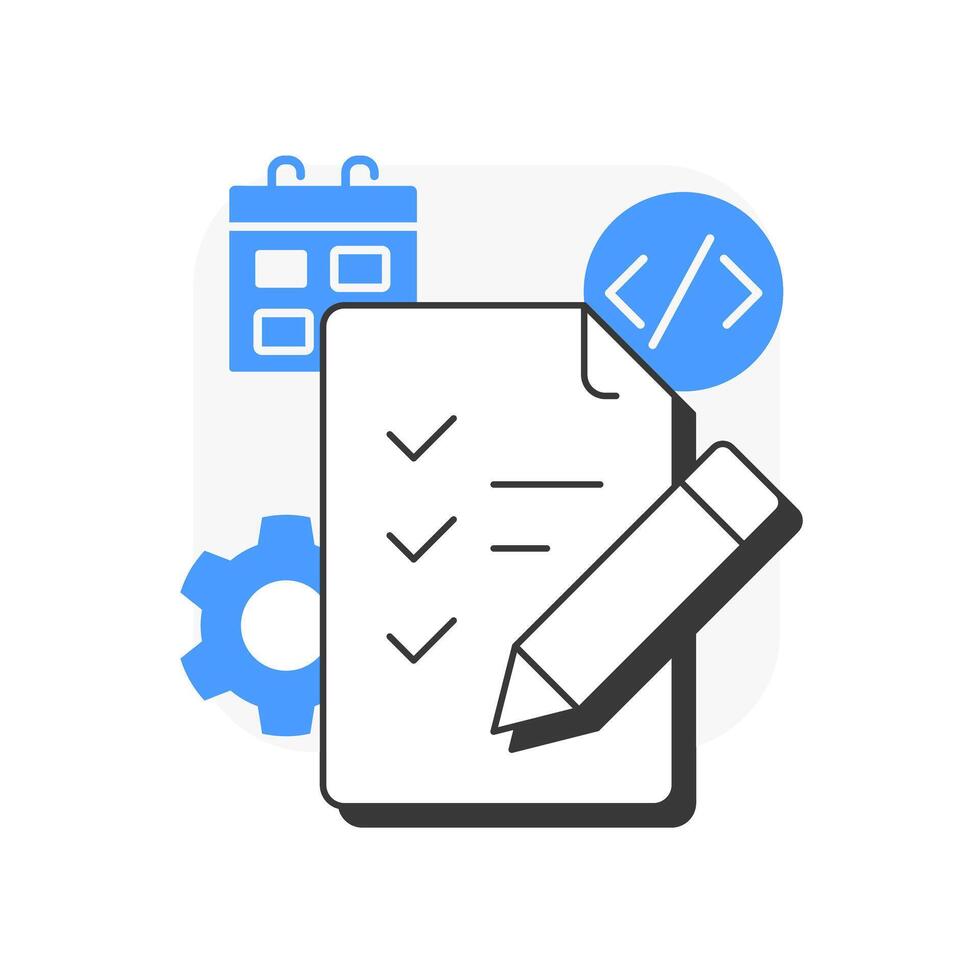 Test planning flat outline concept icon. Data management, servers. Task list, strategy. Programming, development. Modern line illustration with blue glyphs. Conceptual visual. Easy to edit vector