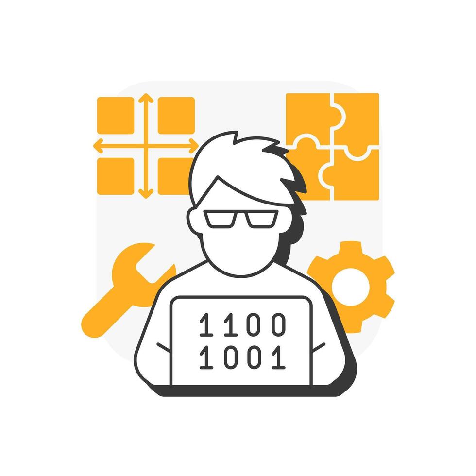 Unit testing flat outline concept icon. Software developer, hacker. Task management, workflow structure. Modern line illustration with orange glyphs. Conceptual visual. Easy to edit vector