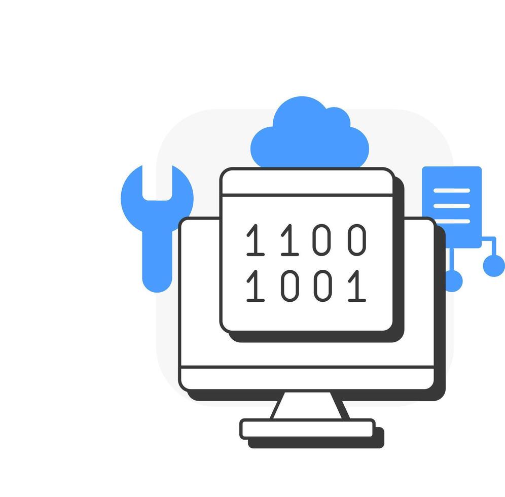 Test environment setup flat outline concept icon. Cloud technology. Software engineering. Programming, coding. Modern line illustration with blue glyphs. Conceptual visual. Easy to edit vector