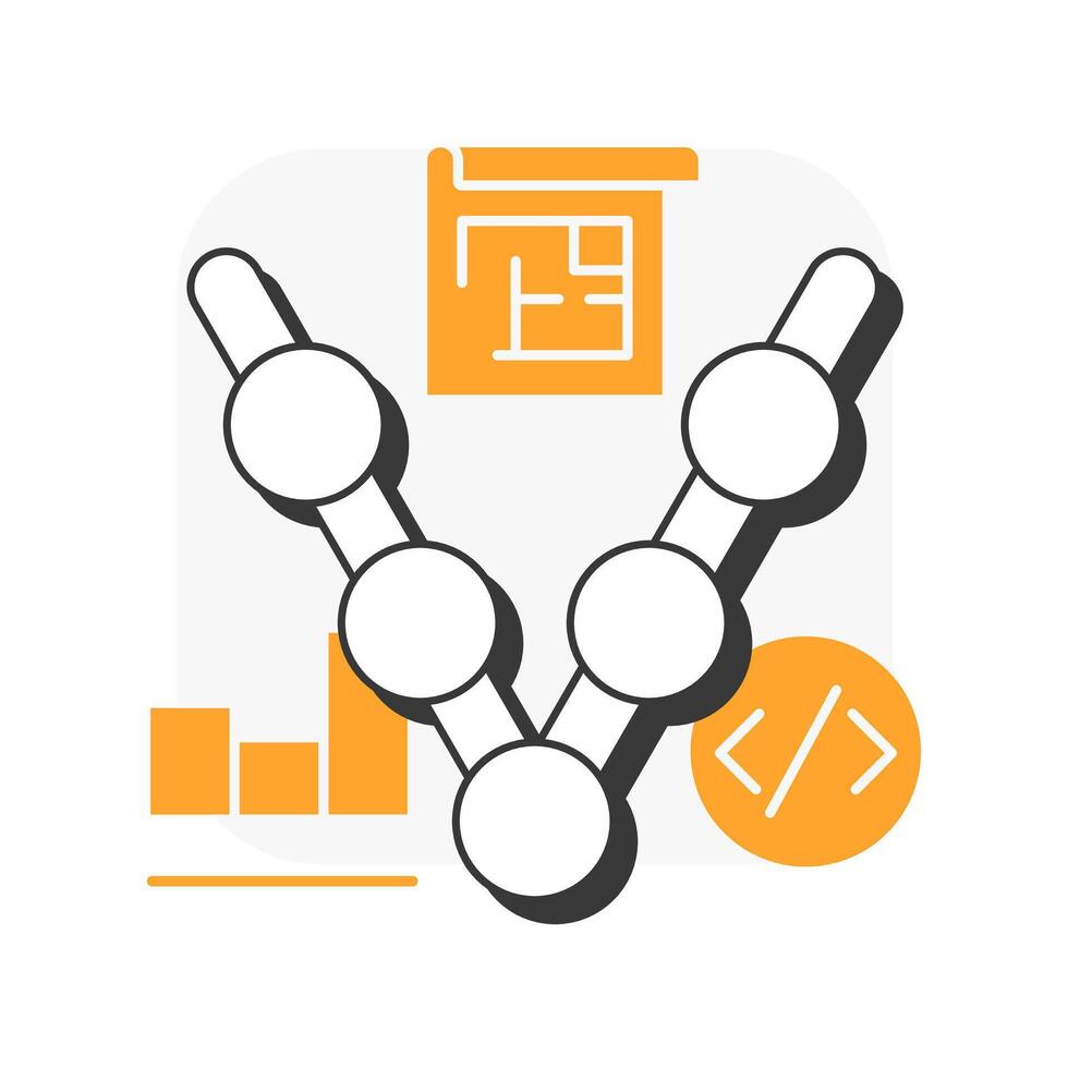 V-model flat outline concept icon. Statistical metrics, analysis. Workflow structure. Programming, coding. Modern line illustration with orange glyphs. Conceptual visual. Easy to edit vector