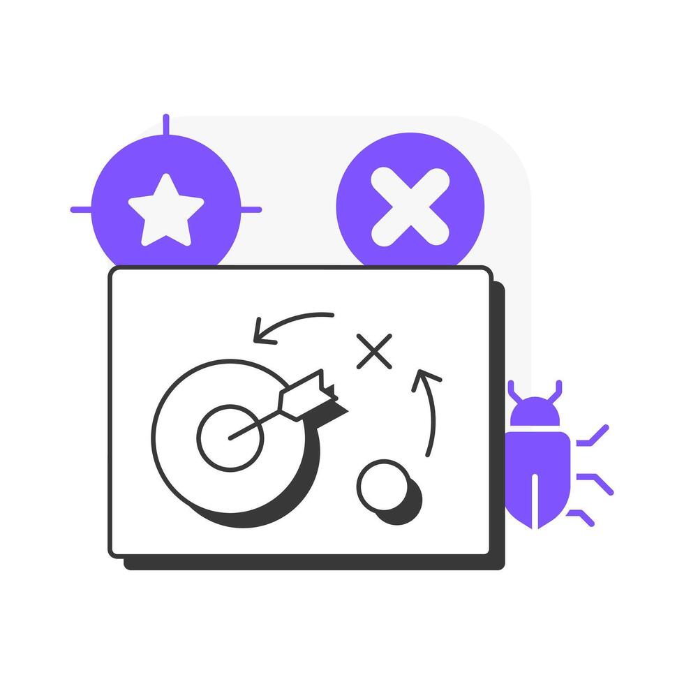 Absence of errors fallacy flat outline concept icon. Bug analysis. Development strategy. Target goal, milestone. Modern line illustration with purple glyphs. Conceptual visual. Easy to edit vector