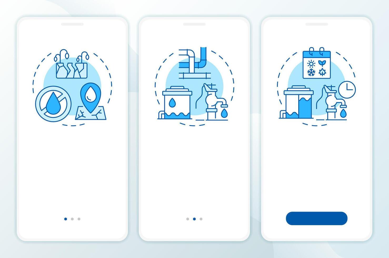 Types of water scarcity blue onboarding mobile app screen. Ecology. Walkthrough 3 steps editable graphic instructions with linear concepts. UI, UX, GUI vector