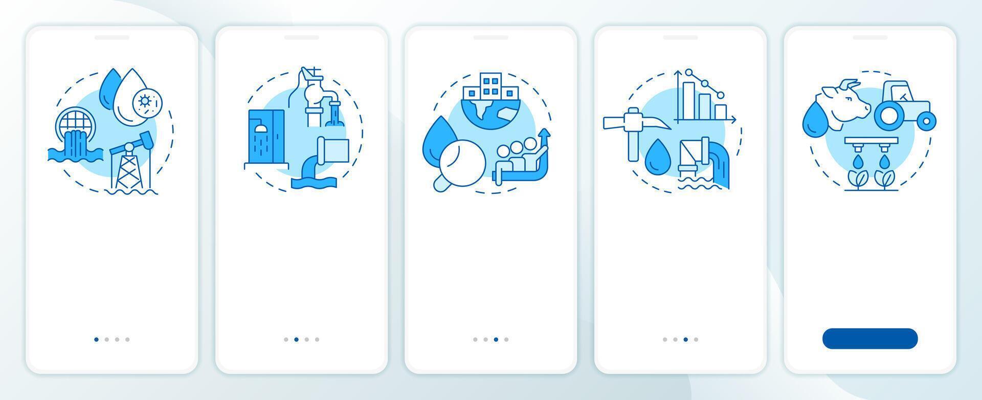 Causes of water scarcity blue onboarding mobile app screen. Eco crisis. Walkthrough 5 steps editable graphic instructions with linear concepts. UI, UX, GUI vector