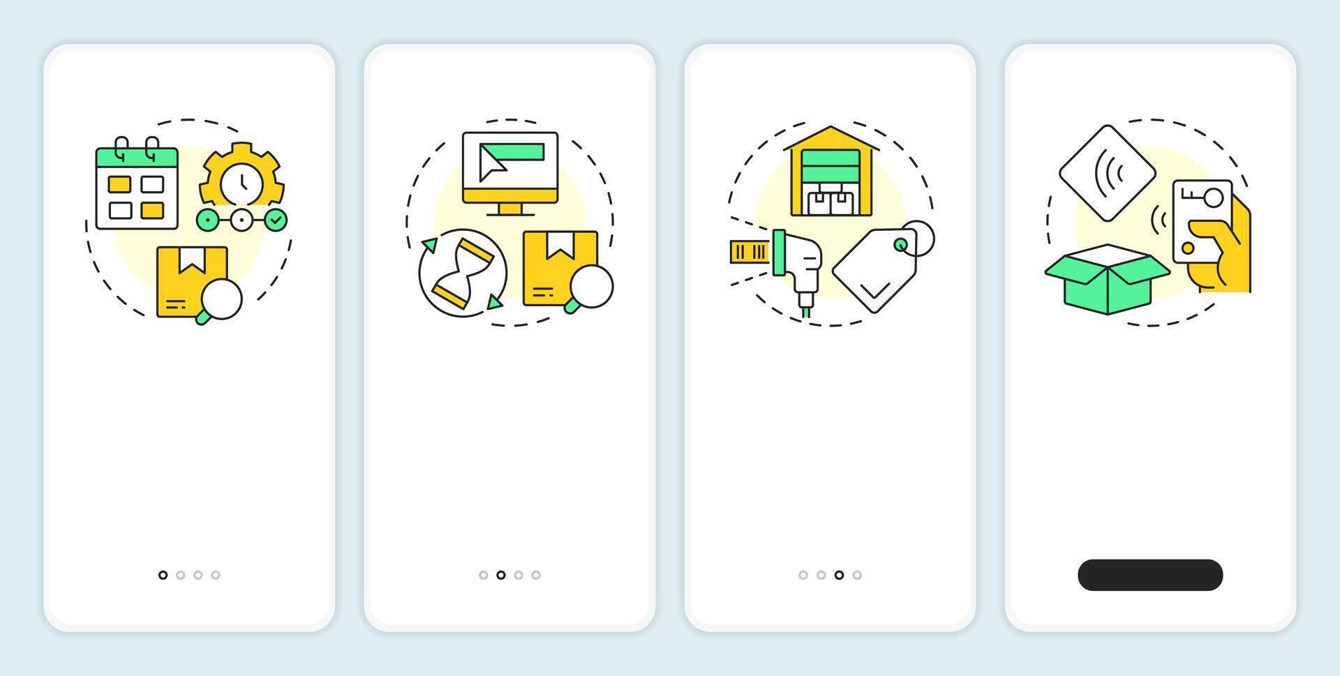 inventario administración sistemas inducción móvil aplicación pantalla. suministros. recorrido 4 4 pasos editable gráfico instrucciones con lineal conceptos. ui, ux, gui vector