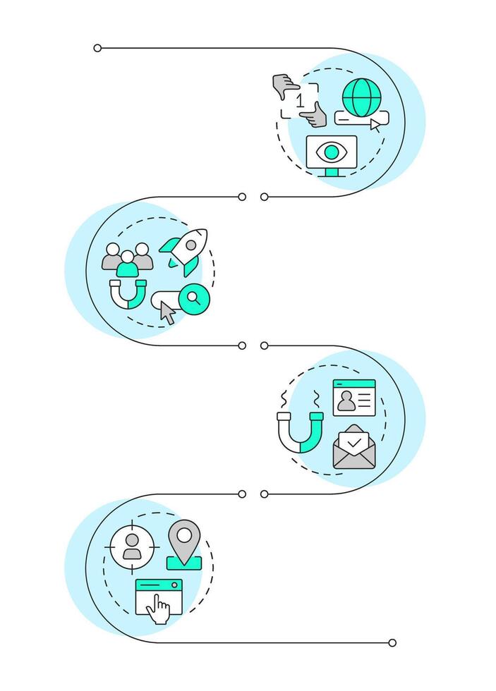 SEO benefits infographic vertical sequence. Target audience, marketing research. Visualization infochart with 4 steps. Circles workflow vector