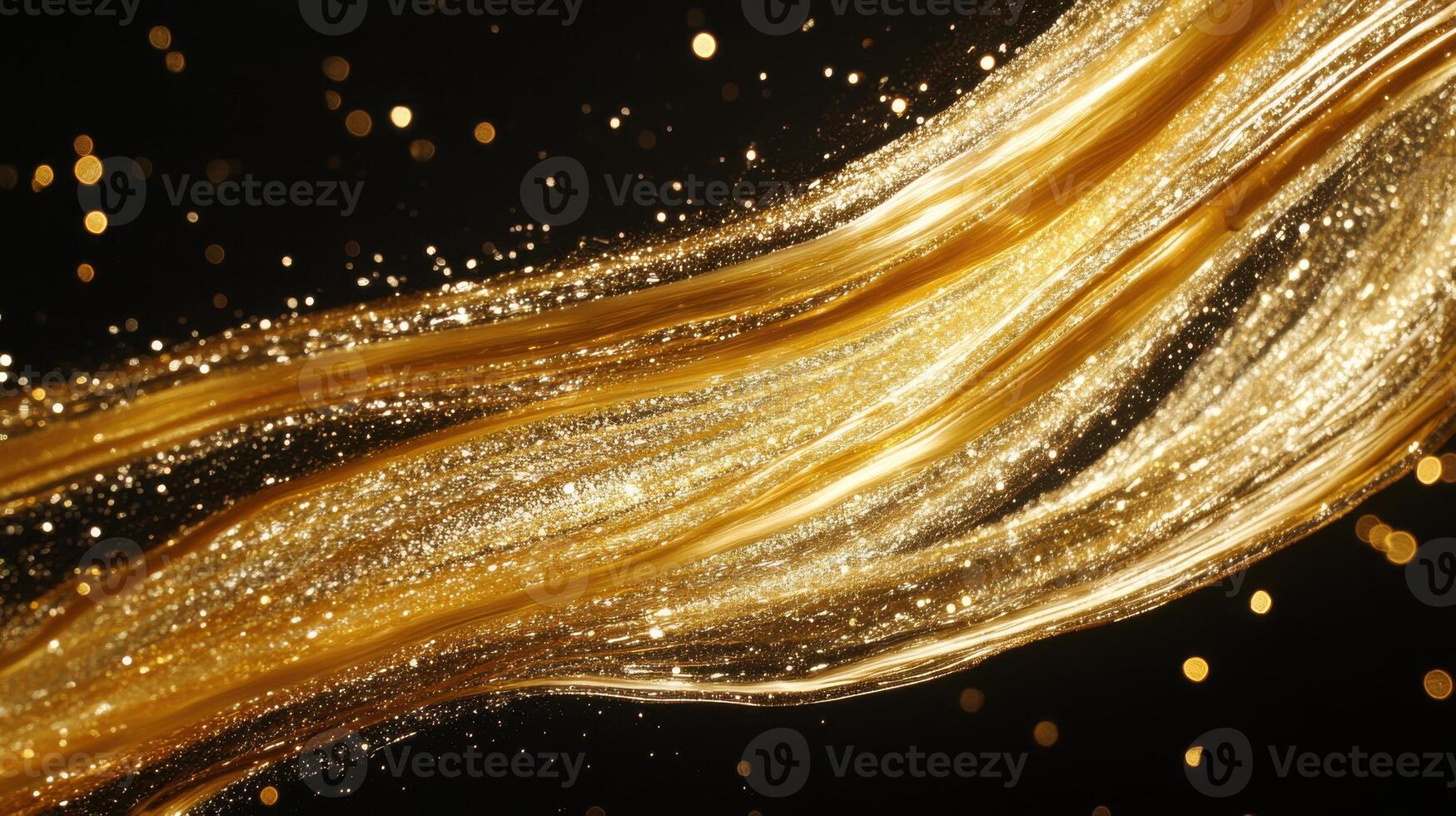 Abstract concept of sparkling golden lines with shimmering particles on dark background photo