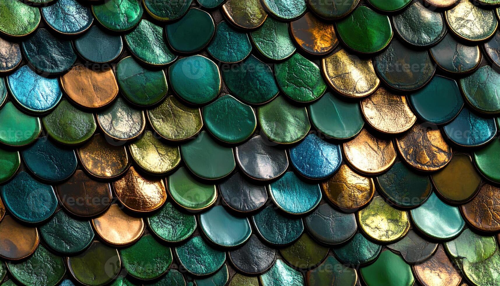 Shimmering Emerald and Bronze Metallic Scales Abstract Pattern with Textured Details. photo