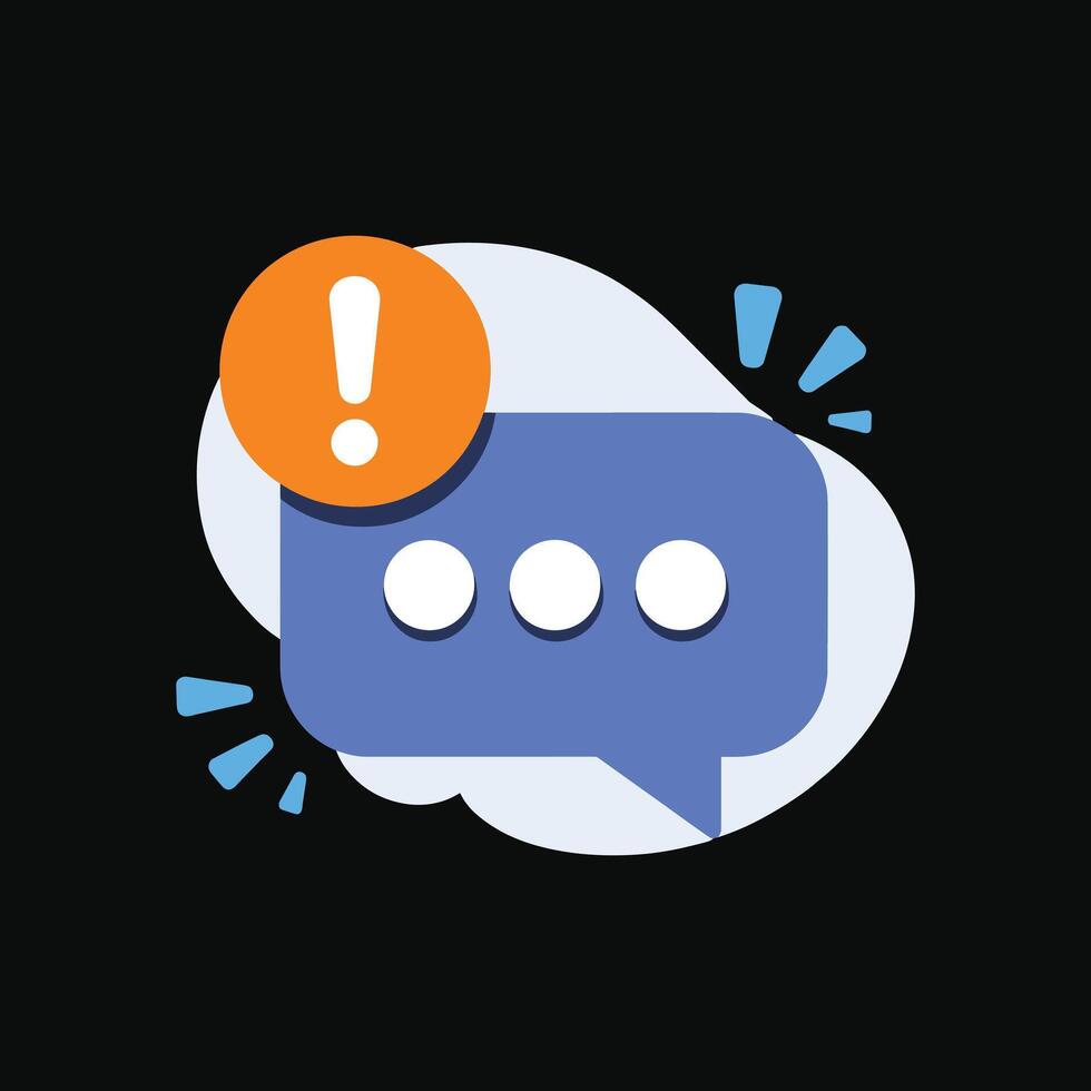 Chat Bubble with Exclamation Mark Alert, Message Notification Icon, Communication Warning Symbol, Modern Flat Design Isolated on Dark Background for App UI vector