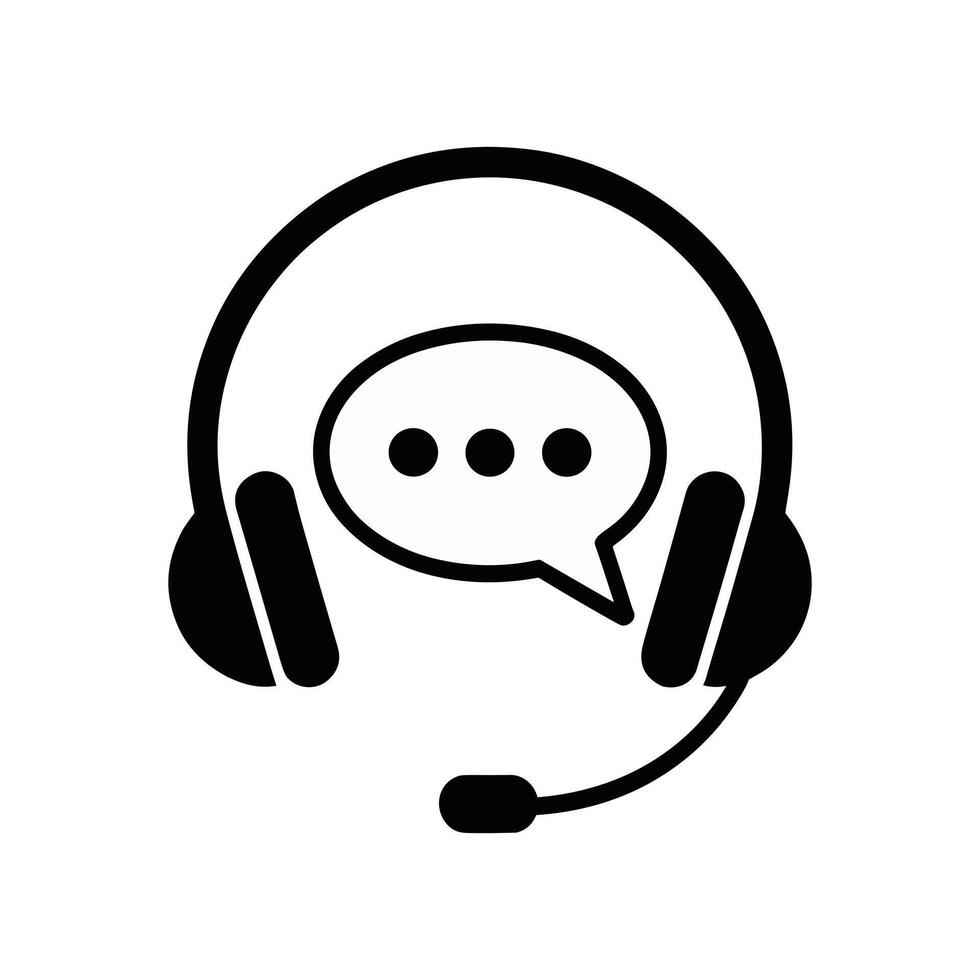 Black illustration of headset with microphone and speech bubble symbol representing customer support, call center, online help, communication, service, consultation, and assistance.. vector