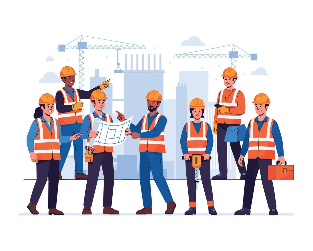 Construction workers with blueprints and tools vector