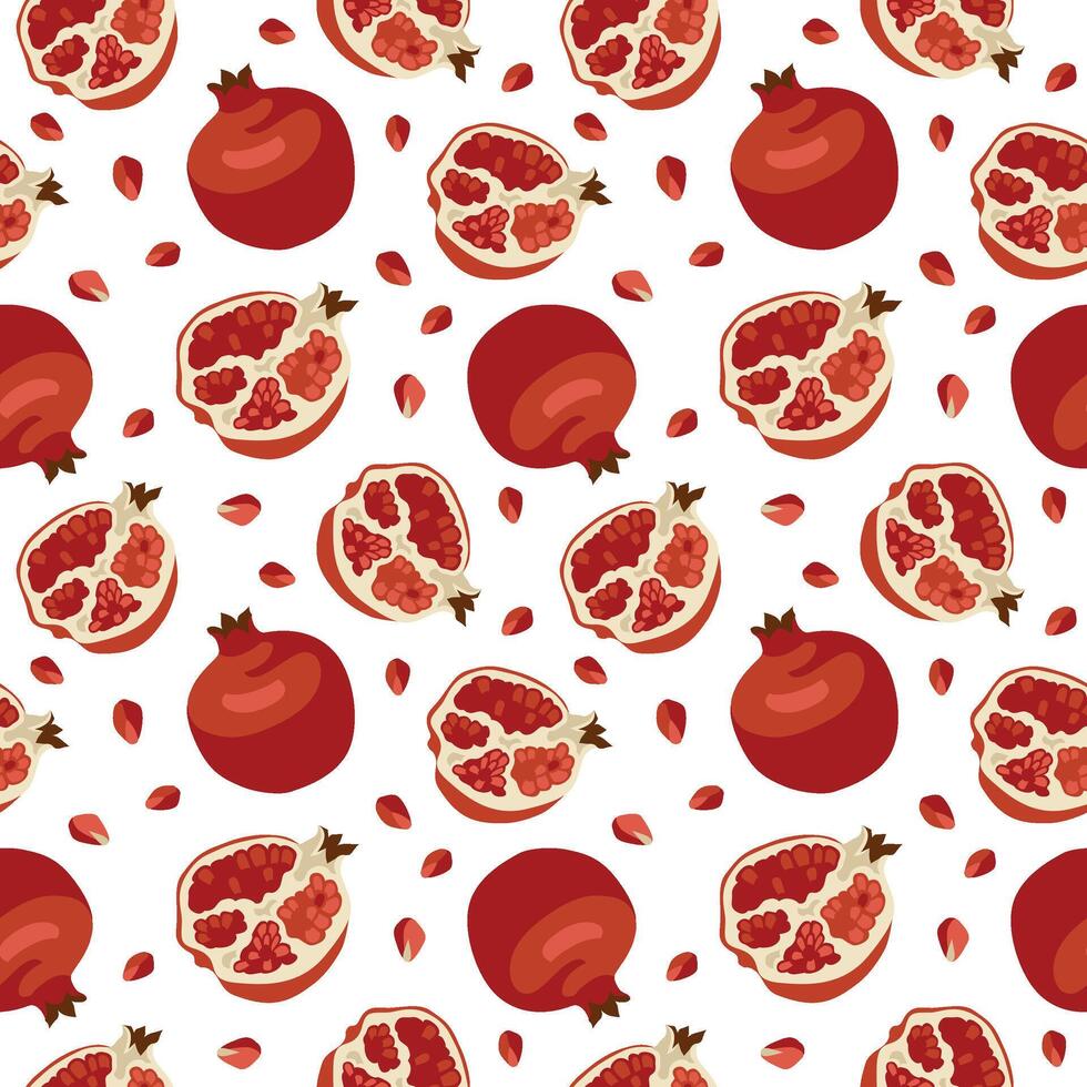 Hand-drawn seamless pattern with pomegranate fruits and seeds on white background vector