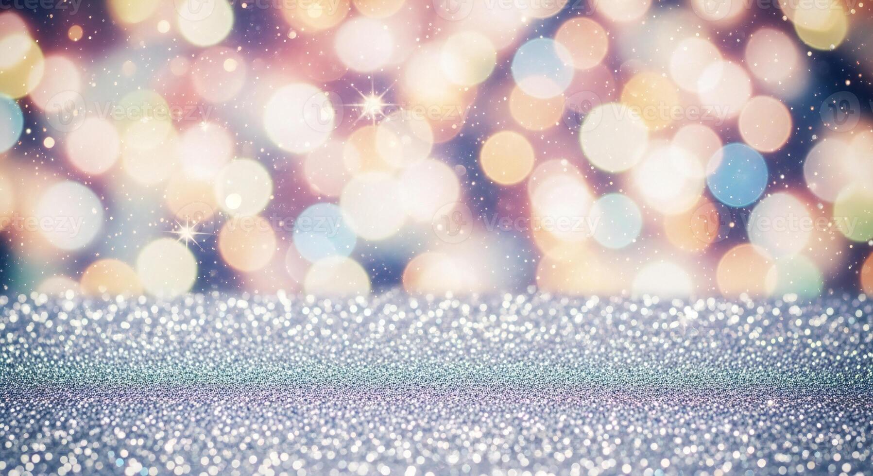 Soft focus bokeh lights and shimmering glitter texture with scattered sparkling particles photo