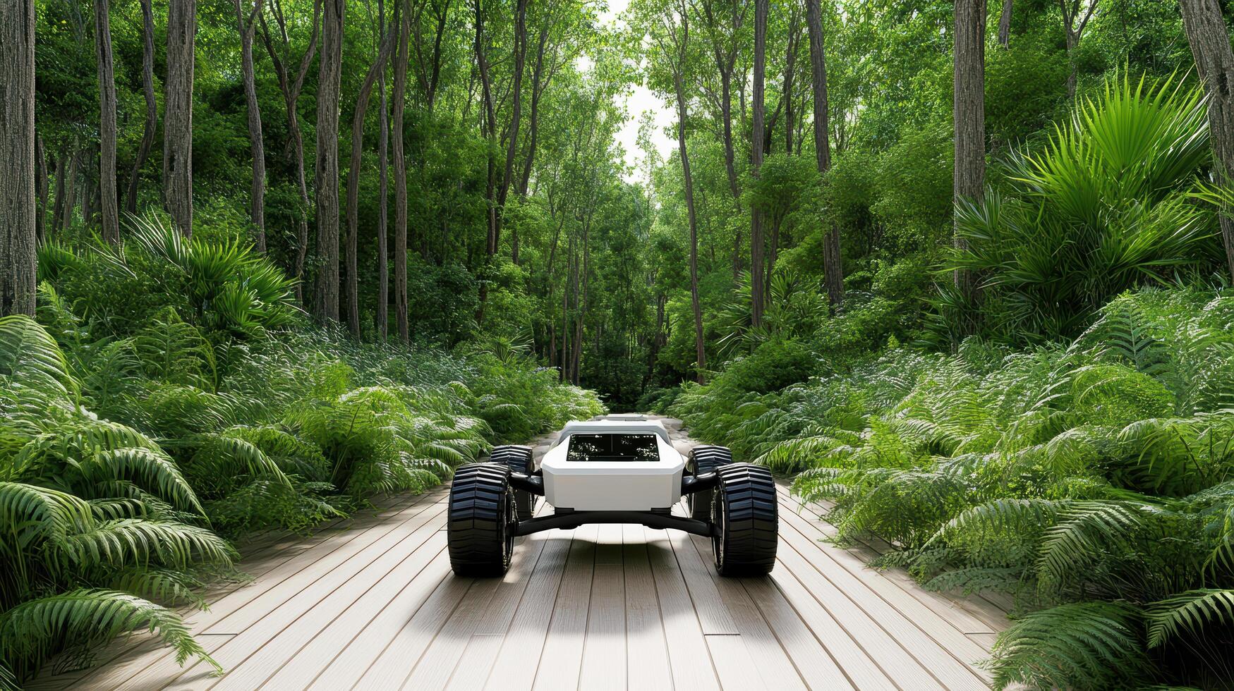 Exploration bot navigating through lush forest, scanning for life signs and environmental data photo