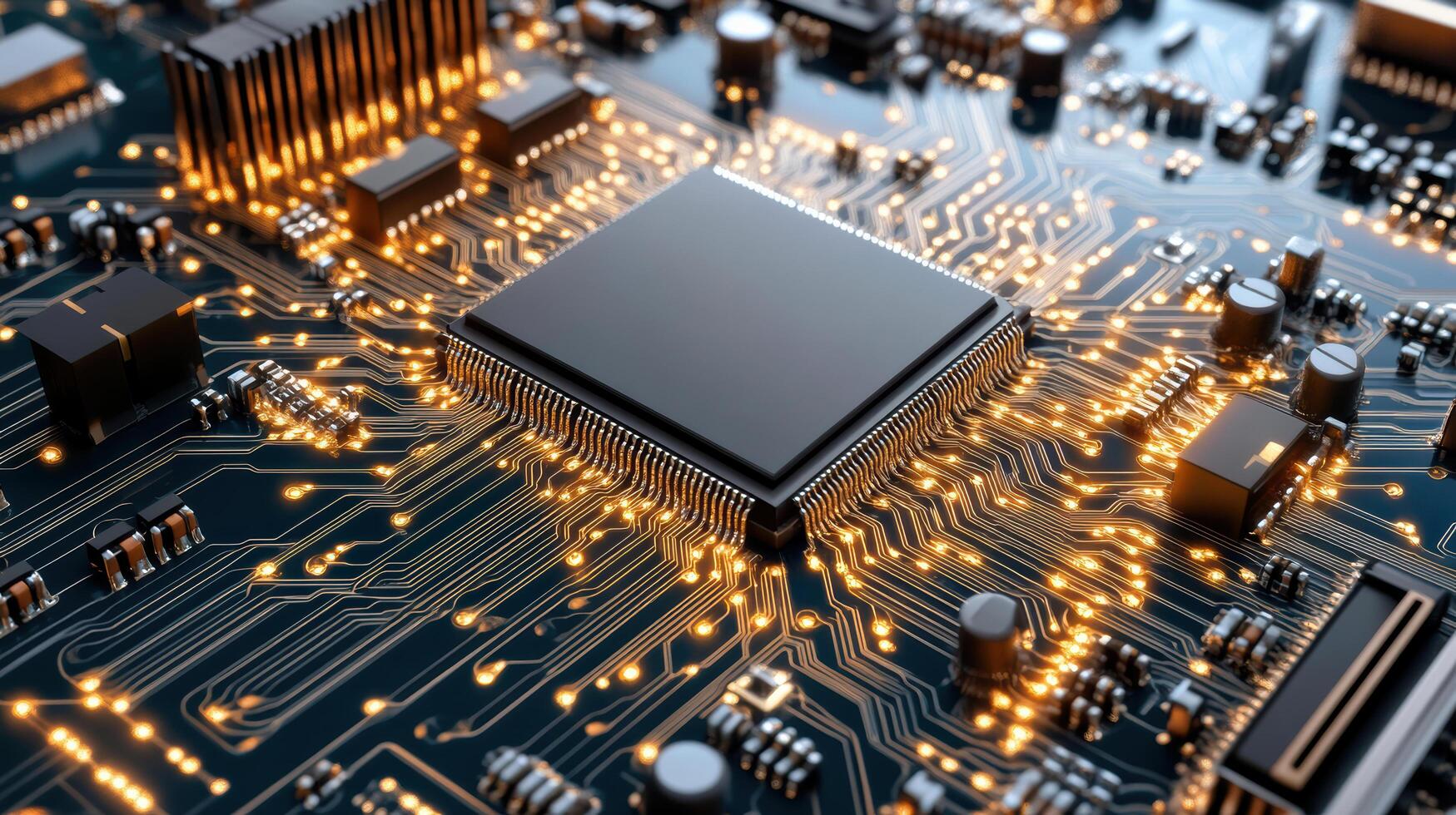 High tech circuit board with glowing connections and microchips, showcasing advanced technology photo
