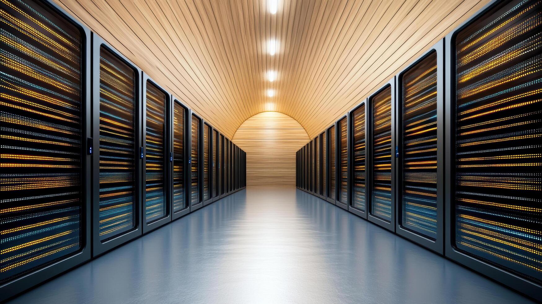 High tech data center with rows of servers, illuminated by warm lights, showcasing modern photo