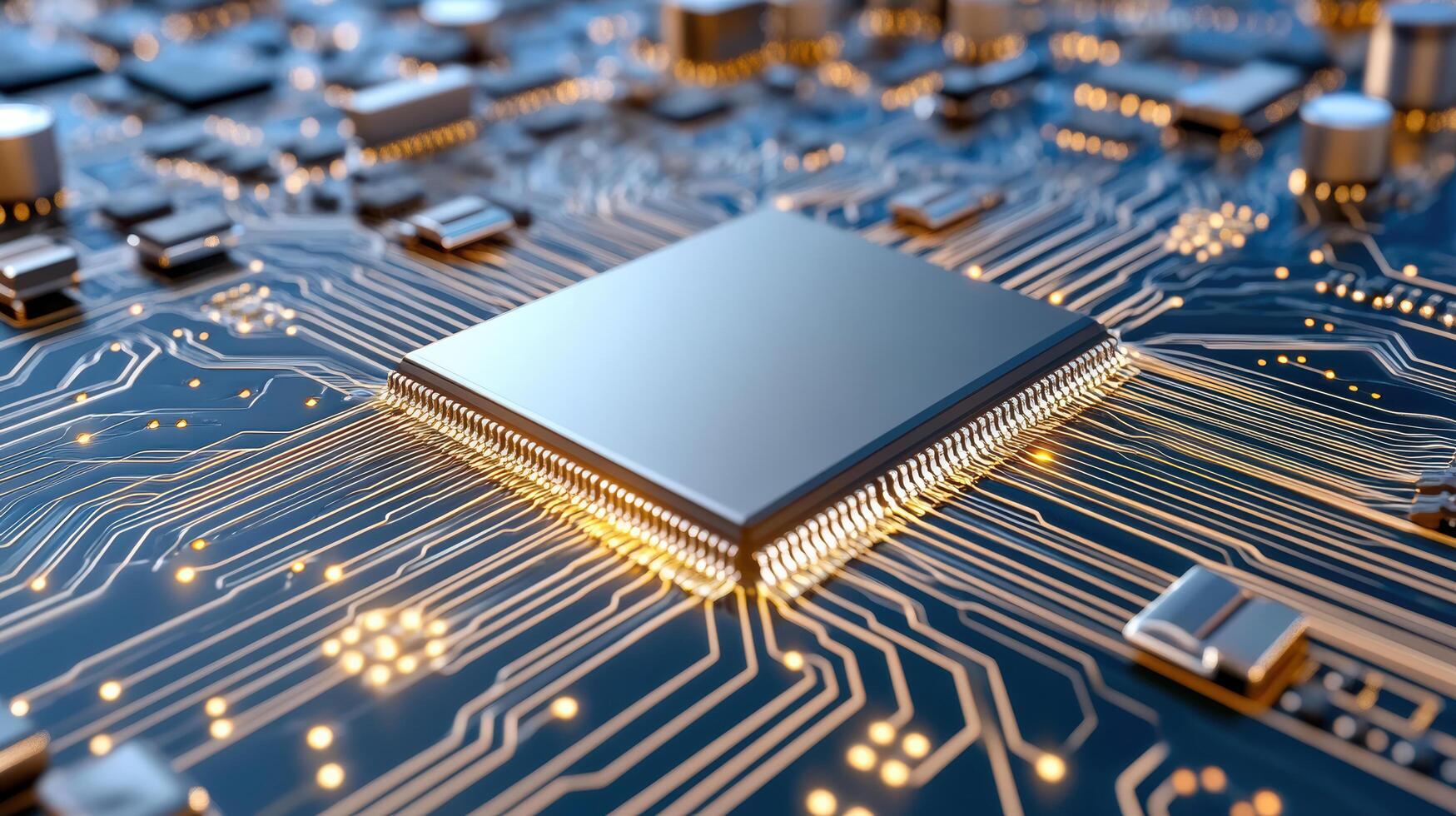 High tech circuit board with microchip, intricate design, glowing connections, modern technology photo