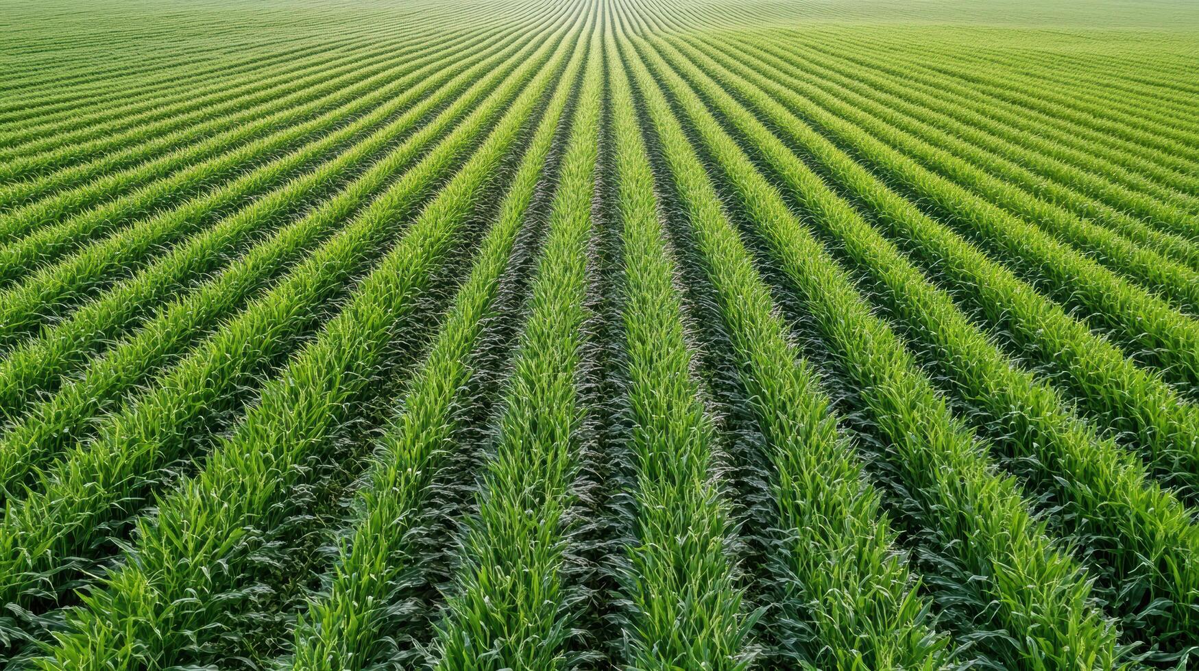 Lush green crop field with neatly arranged rows of plants stretching into distance photo