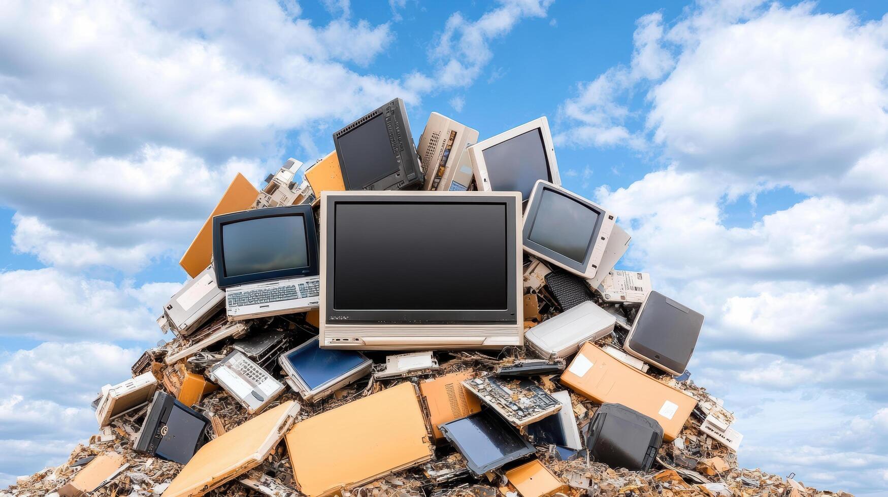A pile of old computers and monitors sitting on top of a pile of junk photo
