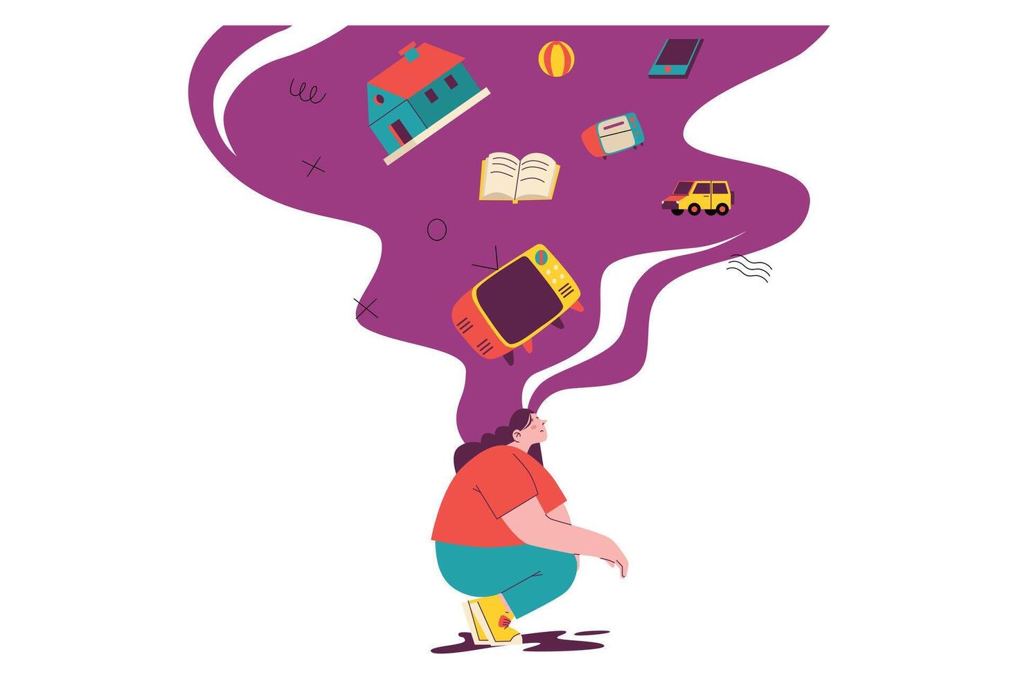 Overthinking woman with cluttered mind filled with objects and responsibilities, symbolizing worry and mental burden ilustration vector