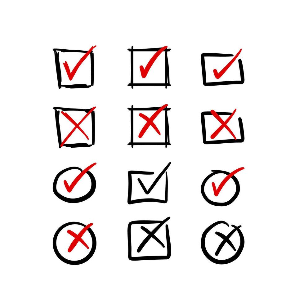 Set colletion of doodle hand drawn checkbox tick and cross, checkbox list of approval and rejection vector