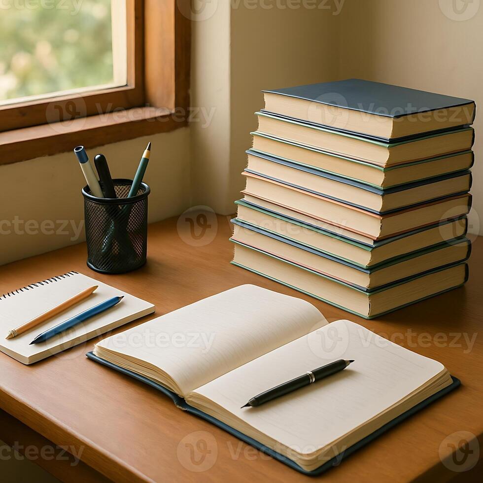 Illuminated study corner featuring a stack of books and open notebooks suggesting quiet learning photo