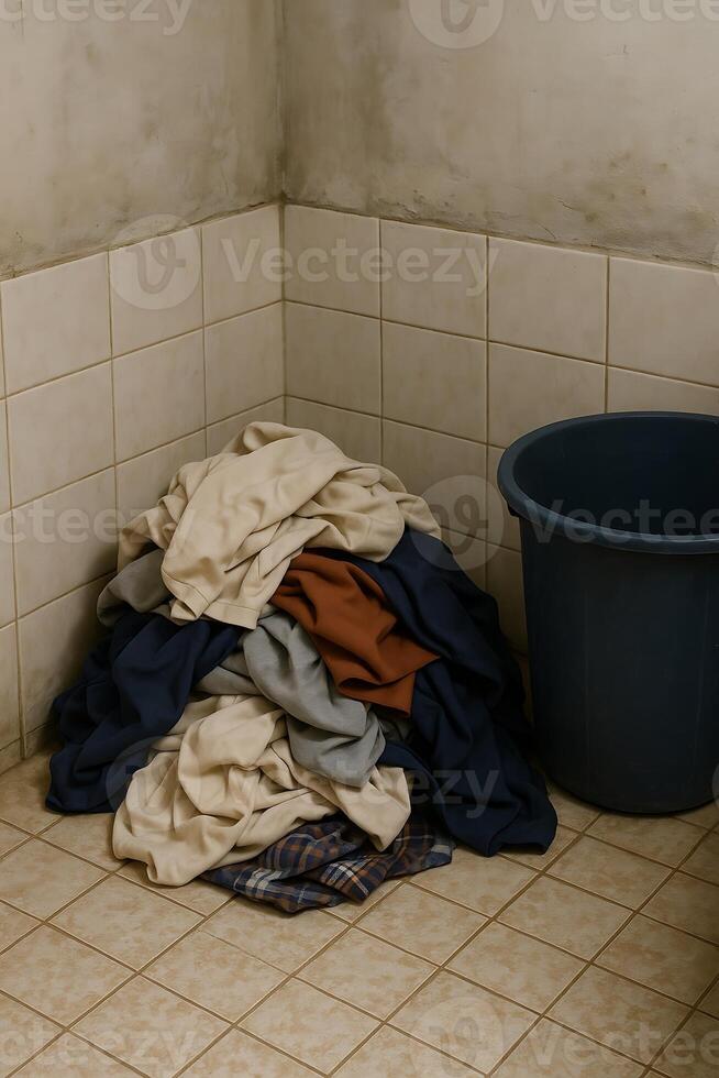 Textile accumulation in utilitarian space evoking domestic disarray and routine household task photo