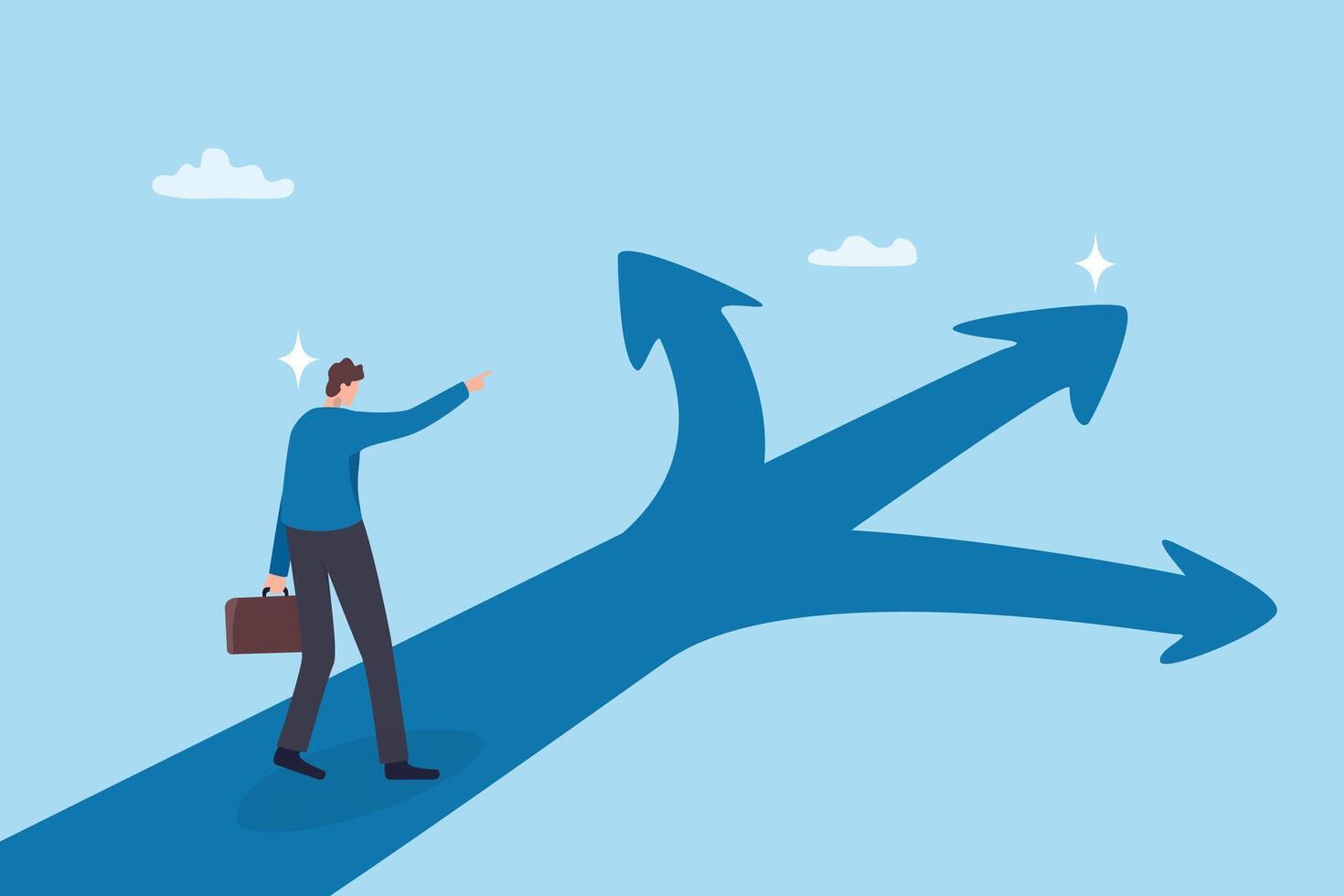 Making decision to the right path, determination or choice selection, leadership or ambition to success, opportunity choices, confidence businessman make decision pointing finger to success path. vector