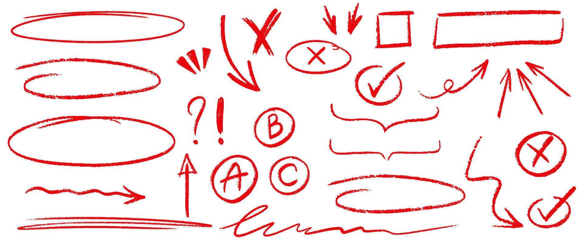 Hand drawn red pencil various arrows, oval, direction pointers, check marks. doodle marker drawing. Charcoal drawn elements for diagrams. Freehand grunge strikethrough and underline elements vector