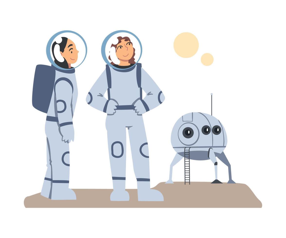 Astronauts in Spacesuits Exploring another Planet, Space Tourism Concept Cartoon Illustration vector