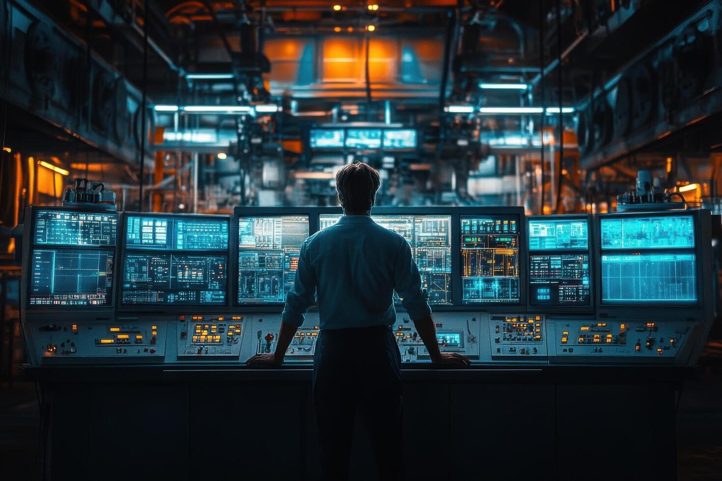 A man standing in front of a control panel in a factory photo